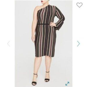 NEW Rachel Roy Dress 2X One Shoulder Bell Sleeve Stripe Black Maroon Gold